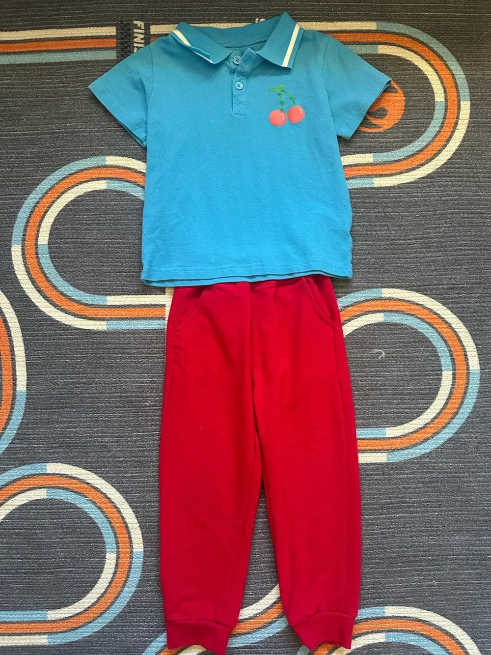 Kids Blue Cherries Polo Top and Red Pants Set